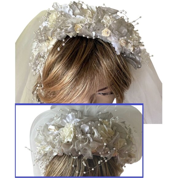 Vintage Watters and Watters Bridal Dress and Veil Set Size 12 Off Shoulder Silk - Picture 5 of 16